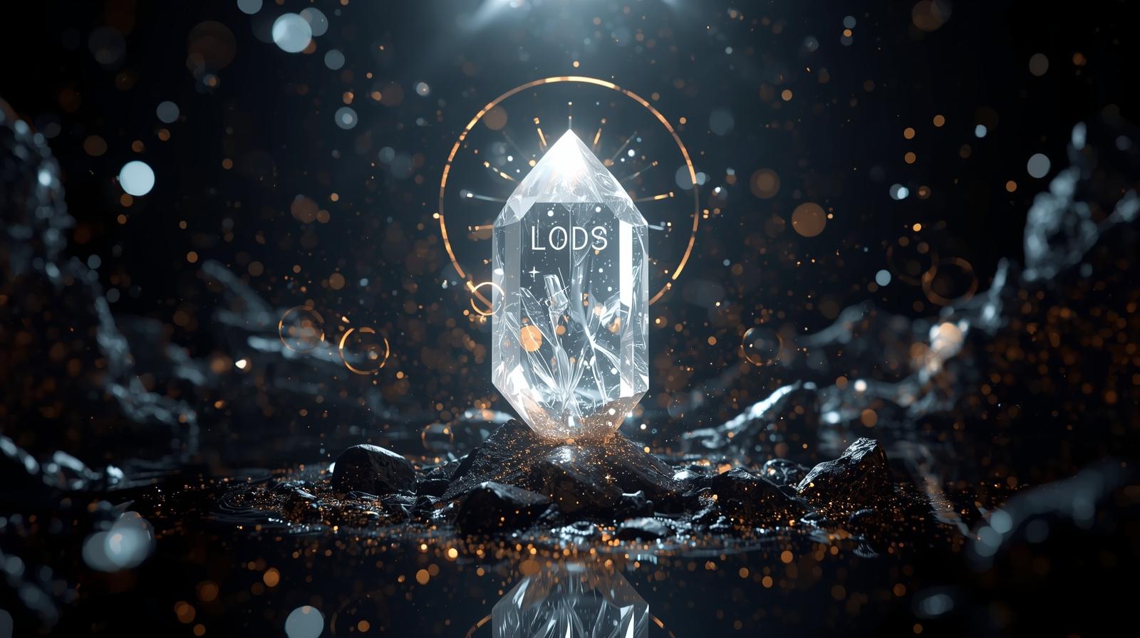 LODS doré lumineux entouré de symboles mystiques dorés sur fond noir profond avec halo lumineux éclatant.