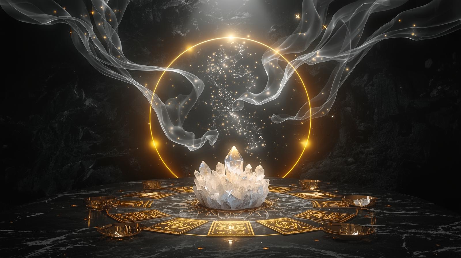 Boule doré lumineux entouré de symboles mystiques dorés sur fond noir profond avec halo lumineux éclatant avec un lotus