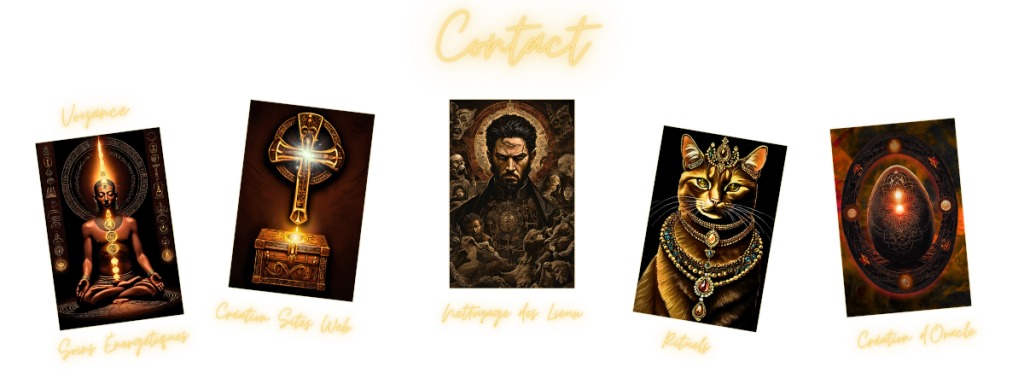 Bannière dorée et noire représentant les moyens de contact avec Les Oracles de Sylvio, énergéticien et créateur spirituel.