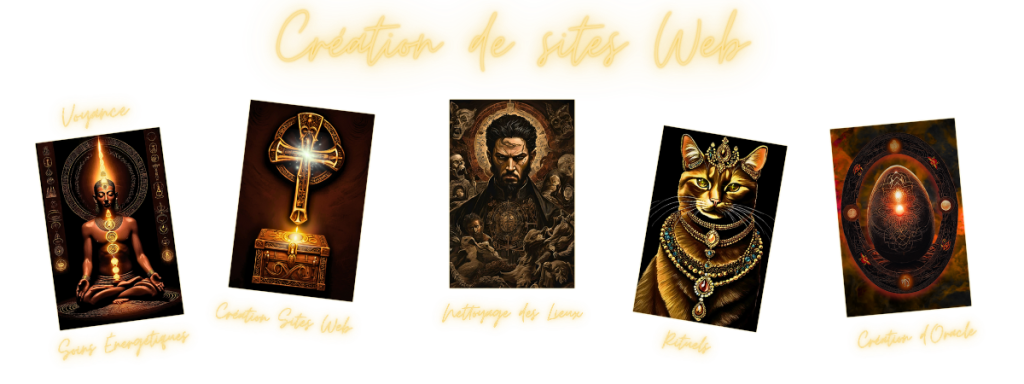 Bannière dorée et noire représentant la création de sites web vibratoires et spirituels.