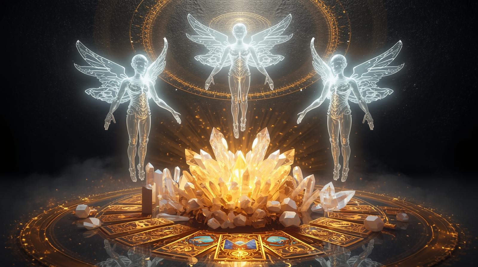LODS au centre d’une newsletter avec cartes d’oracle lumineuses et cristaux dorés sur fond noir profond.