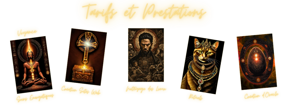 Découvrez les tarifs des rituels, soins énergétiques, guidances et créations spirituelles des Oracles de Sylvio. Des prestations vibratoires alignées à la lumière dorée.